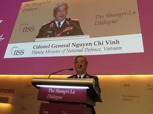 Thượng tướng Nguyễn Chí Vịnh phát biểu tại Đối thoại Shangri-La lần thứ 12 sáng nay 2.6 - Ảnh: Thục Minh