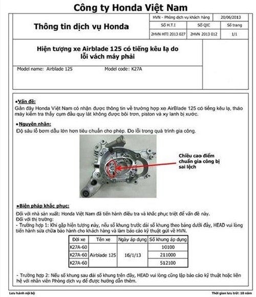 Văn bản "nội bộ" được cho là của Honda VN về lỗi xe Airblade 125