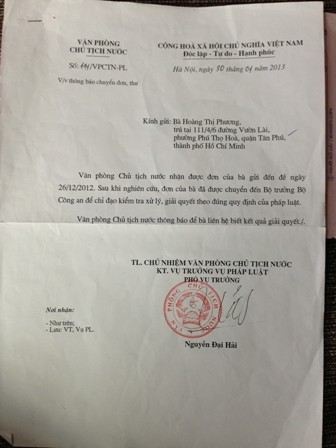Công văn của ông Nguyễn Đại Hải - Phó Vụ trưởng Vụ Pháp chế Văn phòng Chủ tịch nước