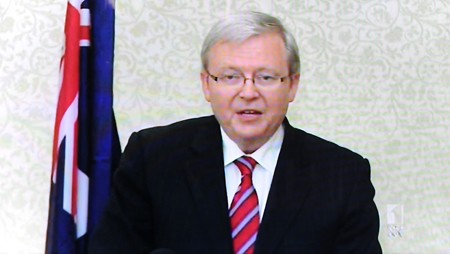 Ngoại trưởng Ôxtrâylia Kevin Rudd tại Oasinhtơn ngày 22/2. Ảnh: AFP/TTXVN