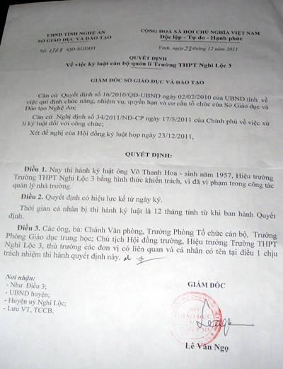 Quyết định kỷ luật của Sở GD-ĐT Nghệ An đối với ông Võ Thanh Hoa - hiệu trưởng Trường THPT Nghi Lộc 3. Ảnh: Dân trí