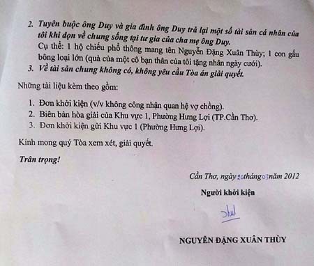 Đơn kiện của Xuân Thùy gửi TAND quận Ninh Kiều