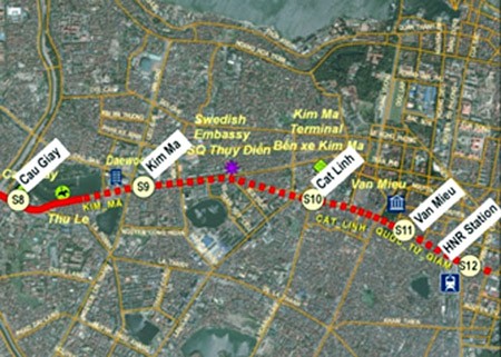 Vị trí một số ga ở khu vực nội thành trên tuyến đường sắt đo thị số 3 Hà Nội.