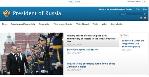 Website của Tổng thống Nga đã hoạt động bình thường trở lại sau khi bị tin tặc tấn công. Ảnh chụp màn hình.