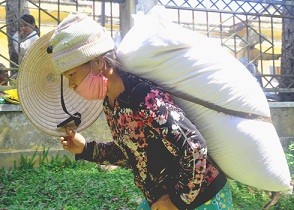 Một phụ nữ đồng bào H're cõng gạo trắng được hỗ trợ trên đường về nhà. Ảnh: Trí Tín/ VnExpress.