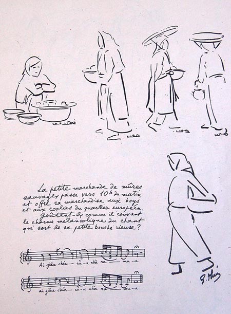 Dưới đây là một số trang trong bản scan của một cuốn “Hàng rong và tiếng rao trên đường phố Hà Nội” đang được lưu giữ tại một thư viện của Viện Viễn đông Bác cổ Pháp tại Paris. Ảnh: "Ai dâu chín của nhà ra mua".