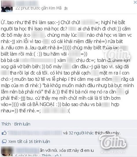 Status chửi bà gây sốc của facebook có nickname Quỳnh Anh. Ảnh: Tiin.vn.
