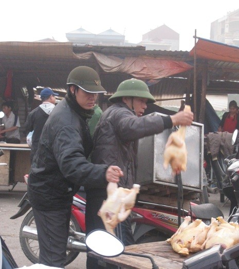 Chủ hàng bày bán thịt gà lấy từ trong những túi bóng đựng trong thùng đá lên bày trên phản.