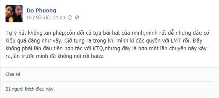 Nhạc sĩ Đỗ Phương chia sẻ trên facebook của mình rằng Khổng Tú Quỳnh đã tự ý hát bài hát của anh khi chưa hỏi ý kiến