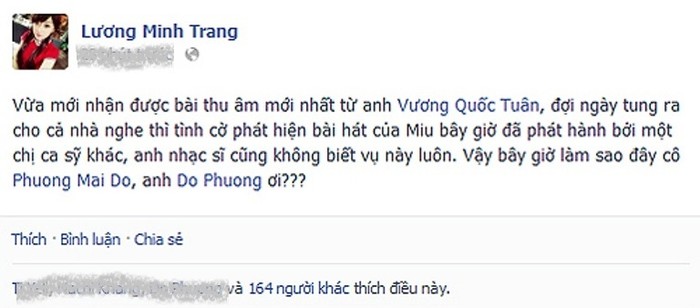 Ca sĩ Lương Minh Trang tỏ thái độ không đồng ý với hành động của Khổng Tú Quỳnh