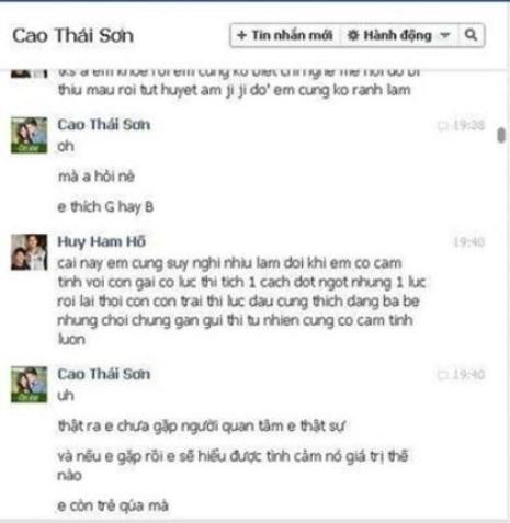 Một trong những đoạn hội thoại có nội dung nhạy cảm bị hacker tung lên mạng có nickname Cao Thái Sơn với hotboy có nickname Huy Ham Hố.