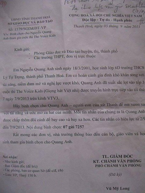 Công văn kêu gọi bình chọn cho Quang Anh của ban lãnh đạo địa phương