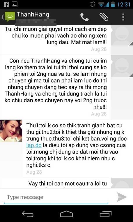 Tin nhắn qua lại được cho là của Thanh Hằng với vợ doanh nhân T.