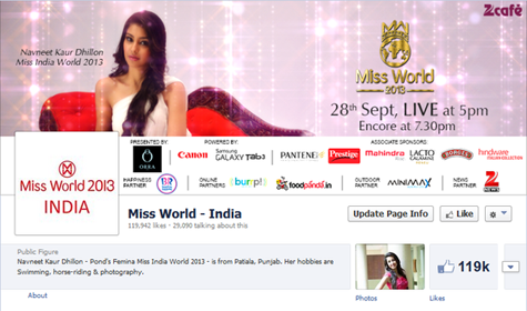 Fanpage của Miss World 2013 của Ấn Độ đạt giải cao nhất với số lượng like page là 119 nghìn
