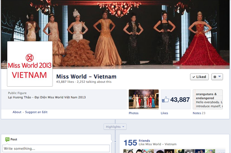 Fanpage của Miss World 2013 của Việt Nam tuy không vào Top 5 nhưng vẫn có số lượt like rất cao