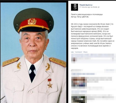 MC Thanh Bạch đăng tải dòng chia sẻ bằng tiếng Nga và chân dung đại tướng