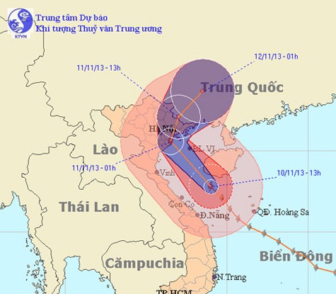 Đường đi dự kiến của bão Haiyan trong bản tin phát lúc 17h30 chiều nay của Trung tâm Dự báo khí tượng và thủy văn Trung ương.