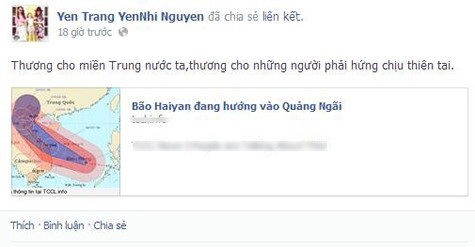 Ca sĩ Yến Trang chia sẻ hình ảnh về hướng đi của bão Haiyan