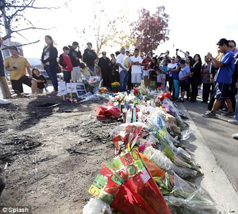 Người hâm mộ đặt hoa tại hiện trường vụ tai nạn trong khu vực của Santa Clarita hôm chủ nhật, vụ tai nạn xe hơi khiến Paul Walker qua đời ở tuổi 40