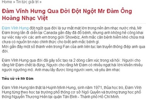 Bài viết đăng thông tin Đàm Vĩnh Hưng qua đời