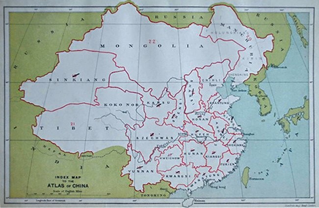 Bản đồ tổng thể vẽ đế quốc Trung Hoa trong cuốn Atlas of the Chinese Empire xuất bản năm 1908.