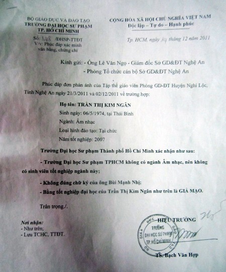 Công văn phúc đáp xác minh bằng cấp của Trường ĐH Sư phạm TPHCM với trường hợp của Trần Thị Kim Ngân đã kết luận đây là “bằng giả mạo” vì trường không có chuyên ngành Âm nhạc.