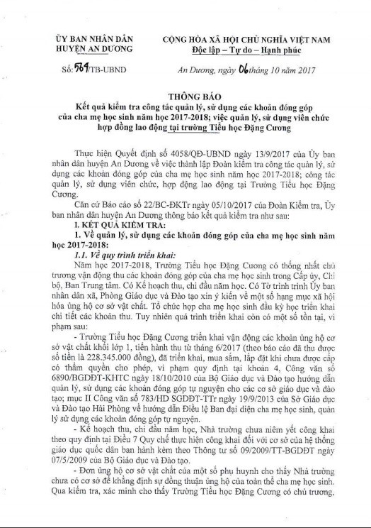 Thông báo số 564/TB- UBND của Ủy ban nhân dân huyện An Dương không được bà Lê Thị Thuy Thủy chấp nhận (Ảnh: LC)