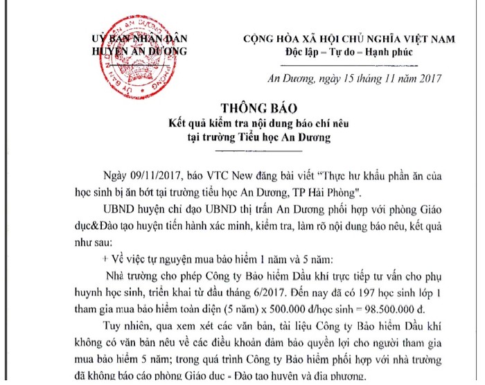 Kết luận của Ủy ban nhân dân huyện An Dương khiến nhiều phụ huynh ngỡ ngàng (Ảnh chụp từ cổng thông tin điện tử huyện An Dương)