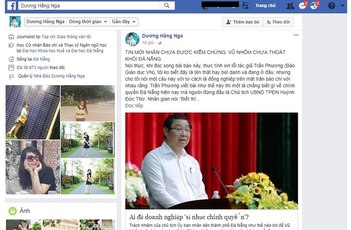 Bài viết chưa kiểm chứng, bênh vực ông Huỳnh Đức Thơ, xúc phạm đồng nghiệp của bà Dương Hằng Nga (Ảnh chụp từ màn hình trang facebook lúc 14h chiều ngày 25/12/2017).