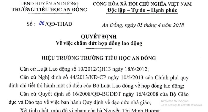 Quyết định chấm dứt hợp đồng lao động đối với bà Nguyễn Thị Minh Hương (Ảnh: Công thông tin điện tử huyện An Dương)