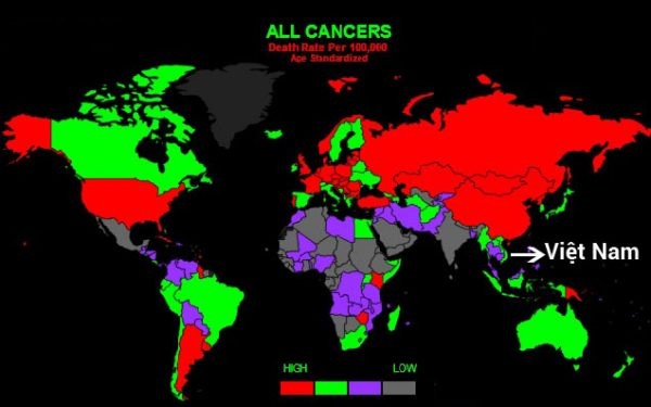 Việt Nam thuộc nhóm màu xanh – bao gồm các nước có tỷ lệ mắc và tử vong do ung thư đứng thứ 2 trong số 4 nhóm. (Ảnh: Tổi chức y tế thế giới)
