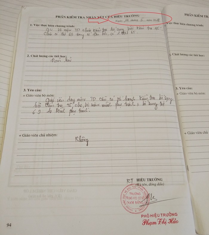 Kiểm tra 1 tiết cuối cùng được cho là thực hiện vào ngày 7/5 nhưng vì sao ngày 14/5 Phó Hiệu trưởng Phạm Thị Hảo vẫn yêu cầu kiểm tra bổ sung. (Ảnh: LC)