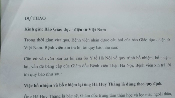 Báo Điện tử Giáo dục Việt Nam nhận được dự thảo câu trả lời từ phía Bệnh viện Thận Hà Nội. Không có chuyện phóng viên sách nhiễu như phản ánh. (Ảnh: LC)