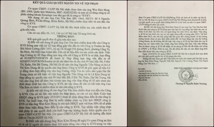 Cơ quan cảnh sát điều tra Công an thành phố Hà Nội không thể kết luận việc công ty KVS ký bảo lãnh là đúng hay sai. (Ảnh: NVCC)
