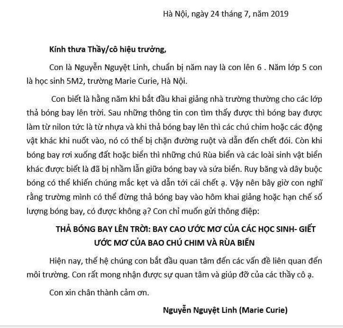 Thông điệp của cô bé Nguyễn Nguyệt Linh đang lan truyền trên mạng xã hội khiến người lớn phải suy nghĩ. (Ảnh chụp màn hình)