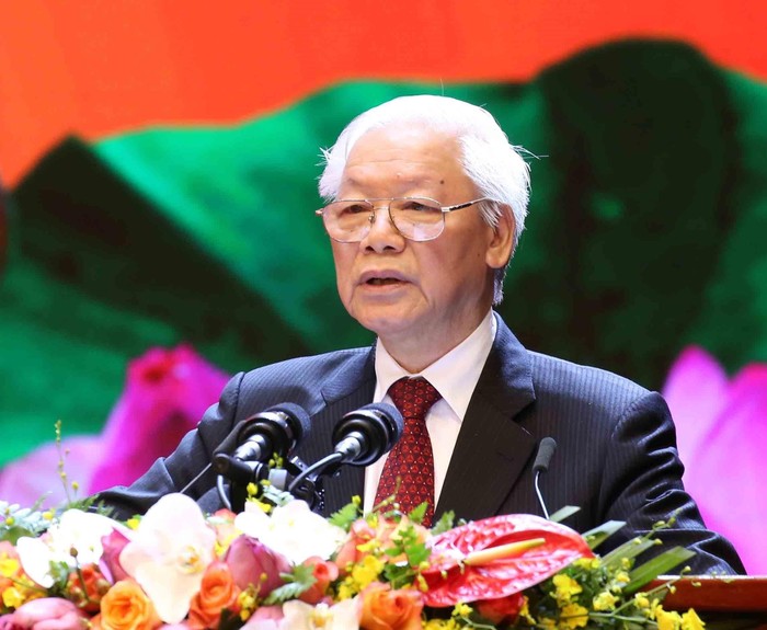 Tổng Bí thư, Chủ tịch nước Nguyễn Phú Trọng phát biểu tại Lễ kỷ niệm cấp Quốc gia 50 năm thực hiện Di chúc của Chủ tịch Hồ Chí Minh. (Ảnh: LC)