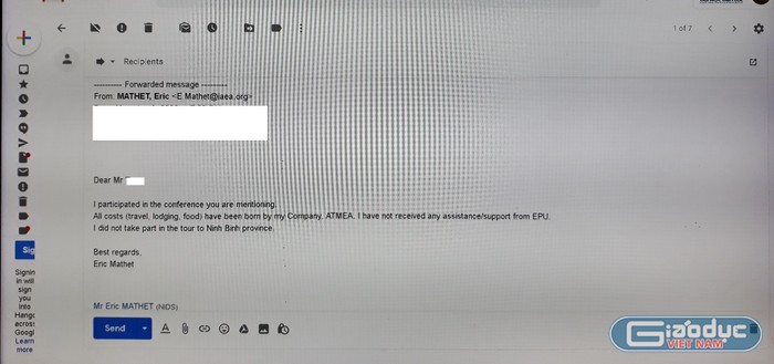 Một trong những email xác nhận của khách mời không sử dụng dịch vụ của trường Đại học Điện lực cung cấp. Ảnh chụm màn hình: LC