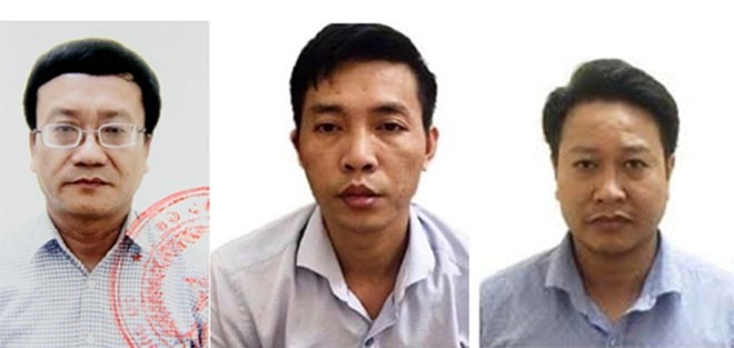 Các bị cáo bao gồm (Từ trái qua): Nguyễn Quang Vinh, Nguyễn Khắc Tuấn và Đỗ Mạnh Tuấn. Ảnh Bộ Công an