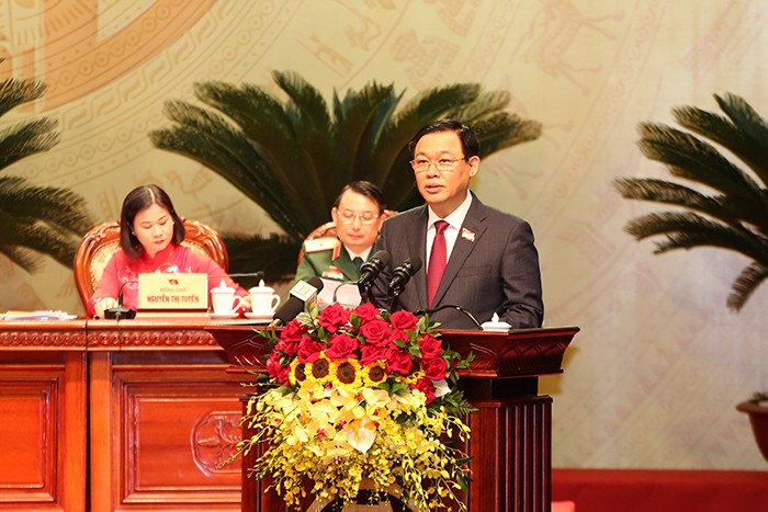 Bí thư Thành uỷ Vương Đình Huệ phát biểu tại phiên khai mạc Đại hội. Ảnh: Hanoi.gov.vn