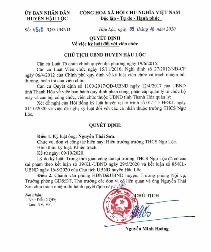 Quyết định kỷ luật đối với ông Nguyễn Thái Sơn. Ảnh: LC