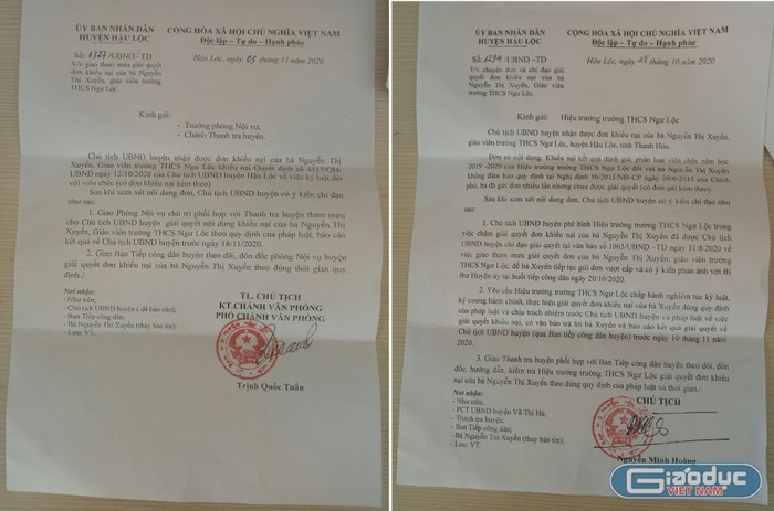 Các văn bản của Ủy ban nhân dân huyện Hậu Lộc yêu cầu Hiệu trưởng trường Trung học cơ sở Ngư Lộc giải quyết các vấn đề kỷ luật đối với giáo viên Nguyễn Thị Xuyến. Ảnh: LC