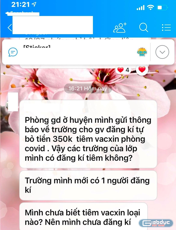 Tin nhắn của giáo viên công tác tại huyện Thanh Trì hỏi thắc mắc về số tiền 350.000 đồng để tiêm vắc - xin Covid-19. Ảnh chụp màn hình.