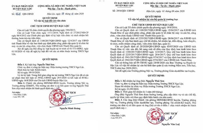 Quyết định kỷ luật và quyết định bổ nhiệm lại đối với ông Nguyễn Thái Sơn - nguyên Hiệu trưởng trường Trung học cơ sở Ngư Lộc. Ảnh: chụp màn hình