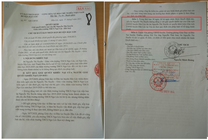 Trong quyết định giải quyết khiếu nại của bà Nguyễn Thị Xuyến, Chủ tịch Ủy ban nhân dân huyện Hậu Lộc đã hướng dẫn kiện ra tòa. Ảnh: Nhân vật cung cấp