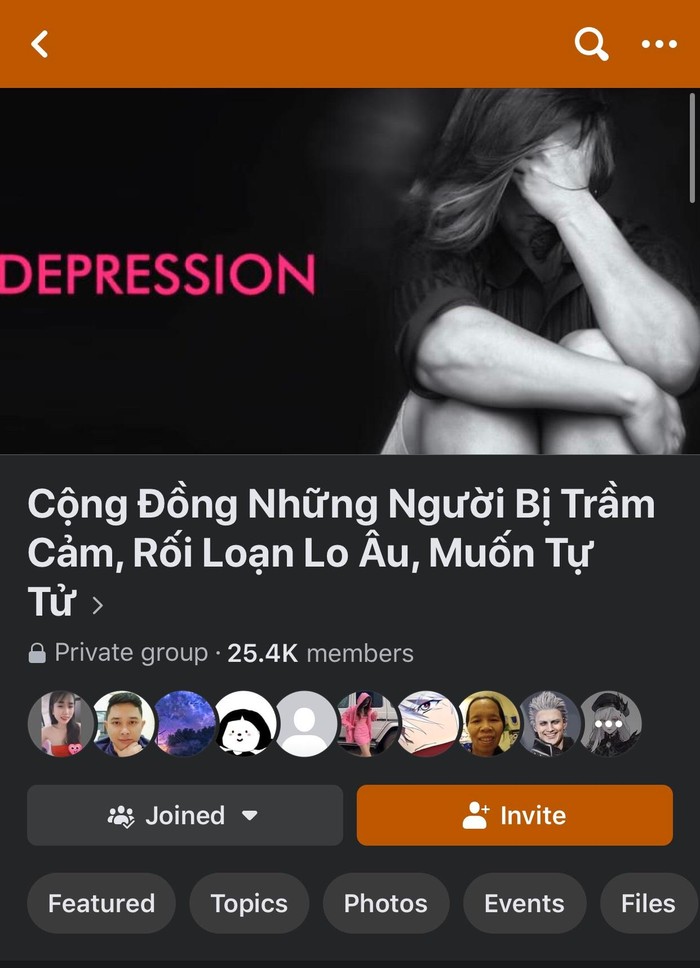 Nhóm kín trên mạng xã hội có tên: &quot;Cộng đồng những người bị trầm cảm, rối loạn lo âu, muốn tự tử&quot; có đến hơn 25 ngàn người tham gia. Ảnh: chụp màn hình
