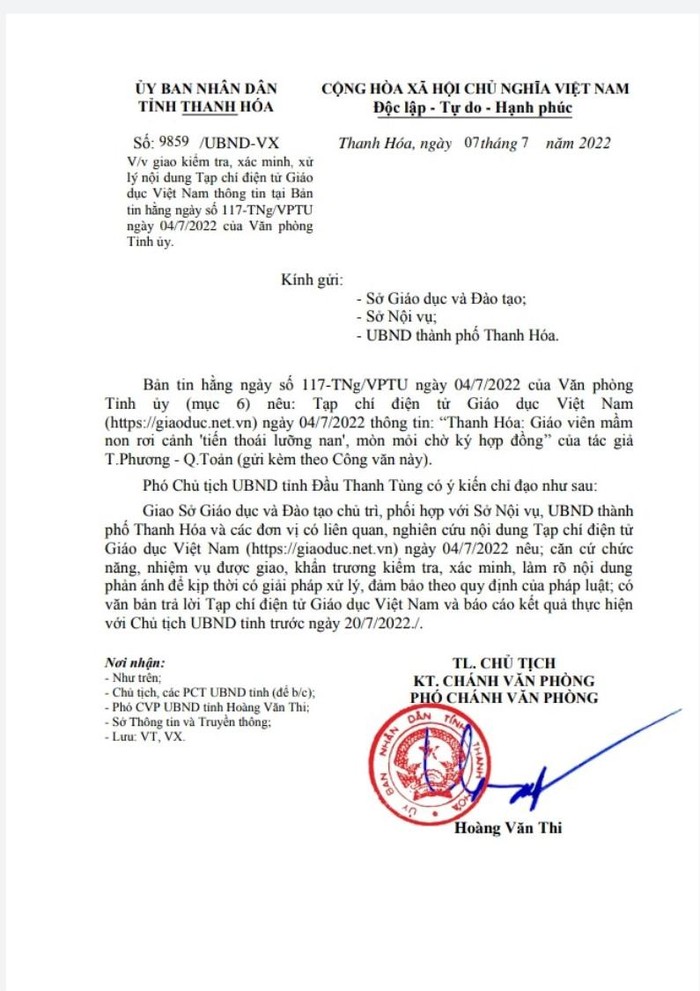 Văn bản chỉ đạo của Ủy ban nhân dân tỉnh Thanh Hóa.