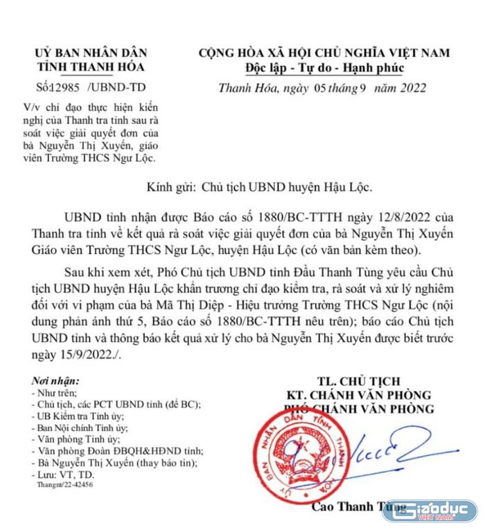 Văn bản của Ủy ban nhân dân tỉnh Thanh Hóa. Ảnh: LC