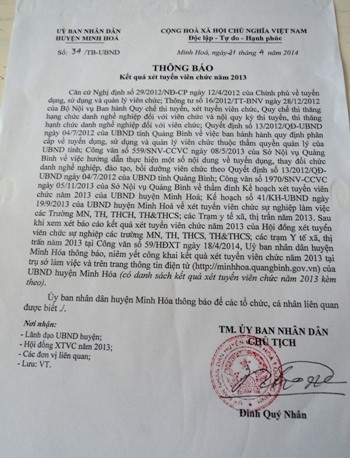 Thông báo kết quả xét tuyển viên chức ở huyện Minh Hóa có dấu hiệu tiêu cực.