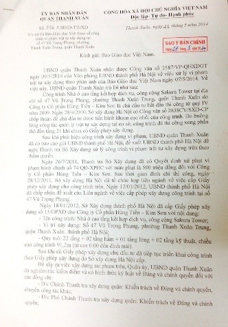 Văn bản thông tin về sai phạm tại tòa nhà Sakura gửi Báo Giáo dục Việt Nam của UBND quận Thanh Xuân.
