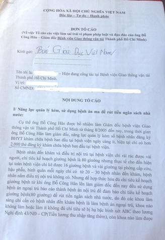 Đơn thư của cán bộ BV GTVT TP.Hồ Chí Minh gửi đến Báo Giáo dục Việt Nam tố cáo nhiều hành vi sai phạm của Giám đốc Bệnh viện.